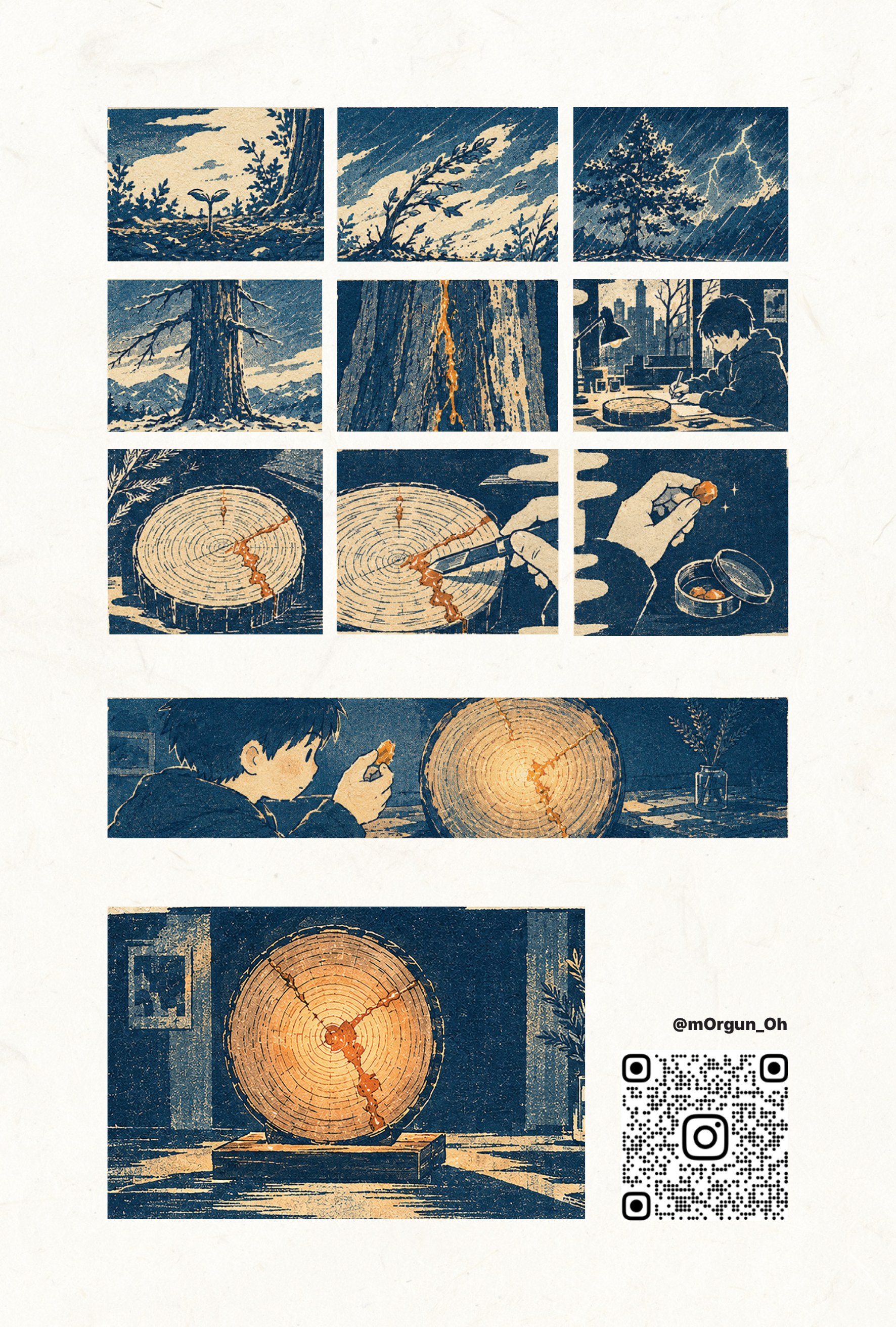 Comic showing how naturally resin-rich pine is preserved and brought to light